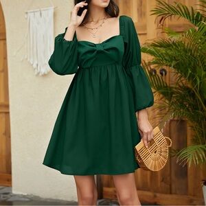 EXLURA Women’s Square Bow Neck Puff Sleeve Mini Dress
